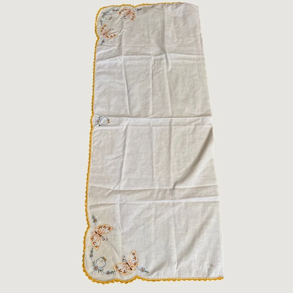Vintage Hand Embroidered Butterfly Linen Table Runner Yellow Crochet Lace 42x17